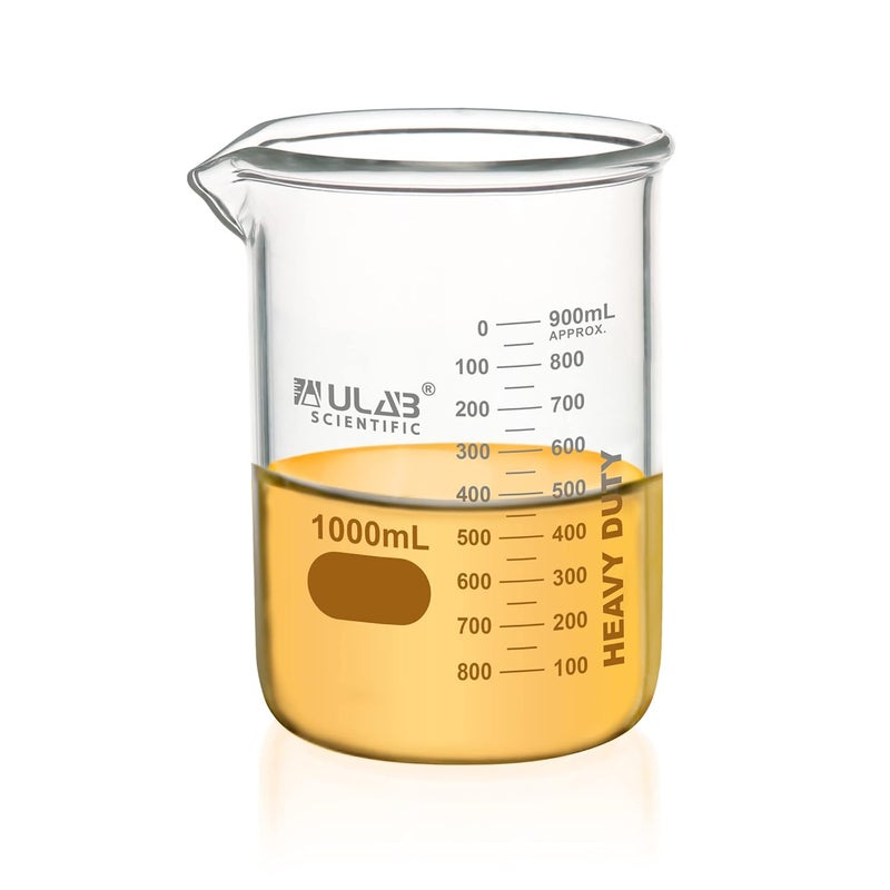 ULAB Heavy Duty Glass Beakers, Vol.1000ml (33.8oz), Borosilicate 3.3 Glass, Thick Wall Beakers, with Double Scale, Superior Durability & Chemical Resistance, UBG1064 - Image 1